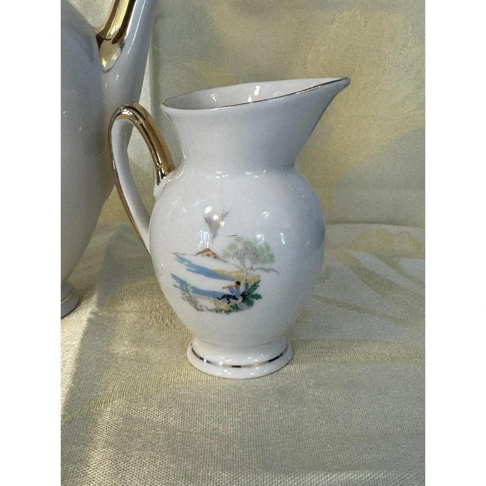Antique Bavaria Germany Porcelain Coffee Chocolate Scenic Gold Trim 3 Pc 1920s
